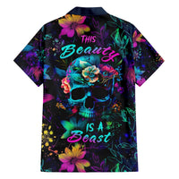 Multicolor Hawaiian shirt with black collar, button-up front, skull and floral graphic
