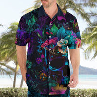 Hawaiian button-up shirt on model, multicolor tropical skull floral print