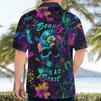 Hawaiian shirt back view, multicolor floral skull with This Beauty Beast text