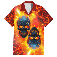 Hawaiian button-up shirt with red-yellow lava print, blue skull graphic, short sleeves