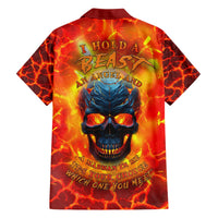 Hawaiian button-up shirt with fiery red-yellow lava print and blue skull graphic, short sleeves