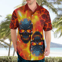 Hawaiian button-up shirt, fiery red-yellow lava print with blue skull and flames detail, short sleeves