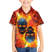 Kids Hawaiian button-up shirt with fiery red-yellow lava print and blue skull graphic, short sleeves