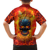 Back view Hawaiian button-up shirt, fiery red-yellow lava print with blue skull text graphic