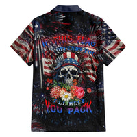 Multicolor Hawaiian shirt with American flag burst, skull, and floral print