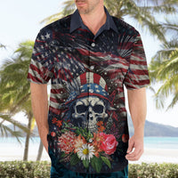 Multicolor short-sleeve button-up Hawaiian shirt with patriotic skull and flowers