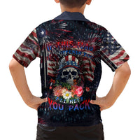Multicolor Hawaiian shirt with back text, American flag burst, skull, and flowers