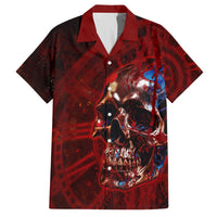Hawaiian shirt with red collar, red-and-black skull art, button front short sleeves