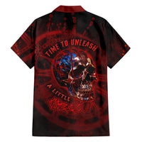 Hawaiian shirt with red-and-black skull graphic and short sleeves, button front