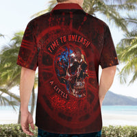 Back view Hawaiian shirt with red-and-black skull graphic and bold text