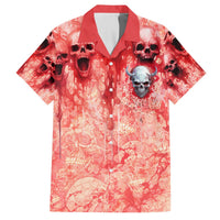 Hawaiian shirt with red skull graphic, button-up front and short sleeves.