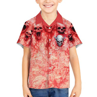 Kids Hawaiian shirt with red skull print, open collar and button placket.