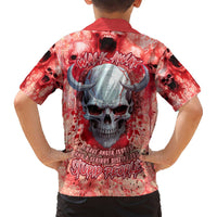 Hawaiian shirt with red skull graphic and large back text design, short sleeves.