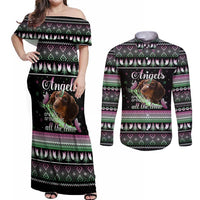 Christmas Dachshund Angel Dog Couples Matching Off Shoulder Maxi Dress and Long Sleeve Button Shirt Pink Green Tree Feather Pattern Design - Wonder Print Shop