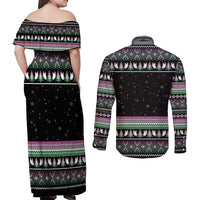 Christmas Dachshund Angel Dog Couples Matching Off Shoulder Maxi Dress and Long Sleeve Button Shirt Pink Green Tree Feather Pattern Design - Wonder Print Shop