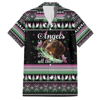 Christmas Dachshund Angel Dog Family Matching Short Sleeve Bodycon Dress and Hawaiian Shirt Pink Green Tree Feather Pattern Design - Wonder Print Shop