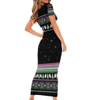 Christmas Dachshund Angel Dog Family Matching Short Sleeve Bodycon Dress and Hawaiian Shirt Pink Green Tree Feather Pattern Design - Wonder Print Shop