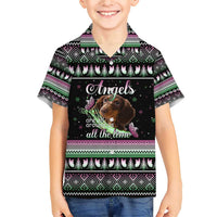 Christmas Dachshund Angel Dog Family Matching Short Sleeve Bodycon Dress and Hawaiian Shirt Pink Green Tree Feather Pattern Design - Wonder Print Shop