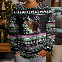 Christmas Dachshund Angel Dog Kid Ugly Christmas Sweater Pink Green Tree Feather Pattern Design - Wonder Print Shop