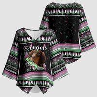 Christmas Dachshund Angel Dog Kimono Sleeve Blouse Pink Green Tree Feather Pattern Design - Wonder Print Shop