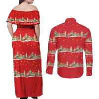 Funny Dachshund Dog Light Up Christmas Couples Matching Off Shoulder Maxi Dress and Long Sleeve Button Shirt Snowy Village Red Holiday Design - Wonder Print Shop