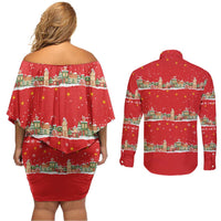 Funny Dachshund Dog Light Up Christmas Couples Matching Off Shoulder Short Dress and Long Sleeve Button Shirt Snowy Village Red Holiday Design - Wonder Print Shop