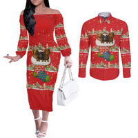 Funny Dachshund Dog Light Up Christmas Couples Matching Off The Shoulder Long Sleeve Dress and Long Sleeve Button Shirt Snowy Village Red Holiday Design - Wonder Print Shop