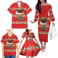 Funny Dachshund Dog Light Up Christmas Family Matching Off The Shoulder Long Sleeve Dress and Hawaiian Shirt Snowy Village Red Holiday Design - Wonder Print Shop