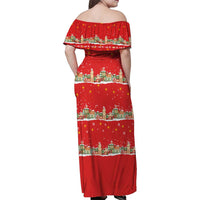 Funny Dachshund Dog Light Up Christmas Family Matching Off Shoulder Maxi Dress and Hawaiian Shirt Snowy Village Red Holiday Design - Wonder Print Shop