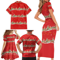 Funny Dachshund Dog Light Up Christmas Family Matching Short Sleeve Bodycon Dress and Hawaiian Shirt Snowy Village Red Holiday Design - Wonder Print Shop