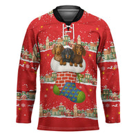 Funny Dachshund Dog Light Up Christmas Hockey Jersey Snowy Village Red Holiday Design - Wonder Print Shop