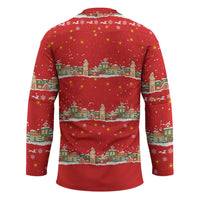 Funny Dachshund Dog Light Up Christmas Hockey Jersey Snowy Village Red Holiday Design - Wonder Print Shop
