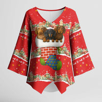Funny Dachshund Dog Light Up Christmas Kimono Sleeve Blouse Snowy Village Red Holiday Design - Wonder Print Shop