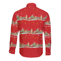 Funny Dachshund Dog Light Up Christmas Long Sleeve Button Shirt Snowy Village Red Holiday Design - Wonder Print Shop