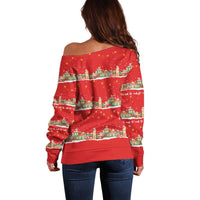 Funny Dachshund Dog Light Up Christmas Off Shoulder Sweater Snowy Village Red Holiday Design - Wonder Print Shop