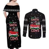 Funny Christmas Cows in Red Truck Couples Matching Off Shoulder Maxi Dress and Long Sleeve Button Shirt Dear Santa Just Bring Cows Quote on Snowflake - Wonder Print Shop