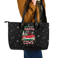 Funny Christmas Cows in Red Truck Leather Tote Bag Dear Santa Just Bring Cows Quote on Snowflake - Wonder Print Shop