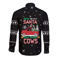 Funny Christmas Cows in Red Truck Long Sleeve Button Shirt Dear Santa Just Bring Cows Quote on Snowflake - Wonder Print Shop