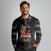 Funny Christmas Cows in Red Truck Long Sleeve Polo Shirt Dear Santa Just Bring Cows Quote on Snowflake - Wonder Print Shop