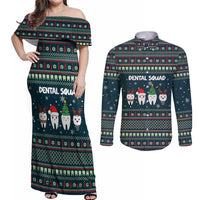 Funny Christmas Dental Squad Tooth Characters Couples Matching Off Shoulder Maxi Dress and Long Sleeve Button Shirt Snowflake Pattern Design - Wonder Print Shop