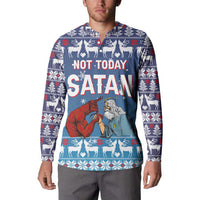 Jesus Not To Day Satan Christmas Button Sweatshirt Funny Xmas Holiday Patterns - Wonder Print Shop