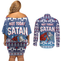 Jesus Not To Day Satan Christmas Couples Matching Off Shoulder Short Dress and Long Sleeve Button Shirt Funny Xmas Holiday Patterns - Wonder Print Shop