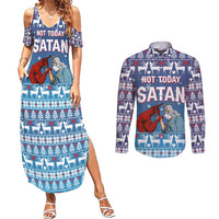 Jesus Not To Day Satan Christmas Couples Matching Summer Maxi Dress and Long Sleeve Button Shirt Funny Xmas Holiday Patterns - Wonder Print Shop