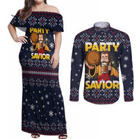 Jesus Party Savior Christmas Couples Matching Off Shoulder Maxi Dress and Long Sleeve Button Shirt Funny Xmas Holiday Patterns - Wonder Print Shop