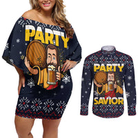 Jesus Party Savior Christmas Couples Matching Off Shoulder Short Dress and Long Sleeve Button Shirt Funny Xmas Holiday Patterns - Wonder Print Shop