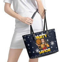 Jesus Party Savior Christmas Leather Tote Bag Funny Xmas Holiday Patterns - Wonder Print Shop