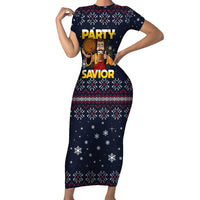 Jesus Party Savior Christmas Short Sleeve Bodycon Dress Funny Xmas Holiday Patterns - Wonder Print Shop