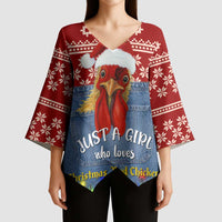 Just A Girl Who Loves Christmas And Chickens Christmas Kimono Sleeve Blouse Funny Xmas Holiday Patterns - Wonder Print Shop