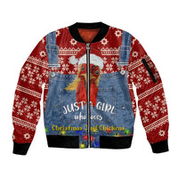 Just A Girl Who Loves Christmas And Chickens Christmas Sleeve Zip Bomber Jacket Funny Xmas Holiday Patterns - Wonder Print Shop