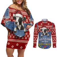 Just A Girl Who Loves Christmas And Cows Christmas Couples Matching Off Shoulder Short Dress and Long Sleeve Button Shirt Funny Xmas Holiday Patterns - Wonder Print Shop